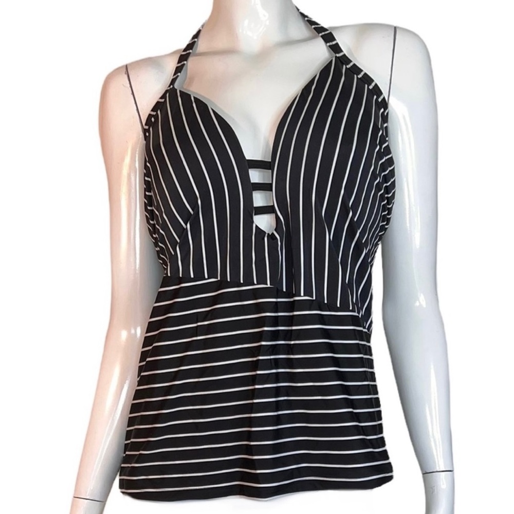 4/$40 RACHEL Rachel Roy Black & White Striped Peephole Halter Tankini Swimsuit